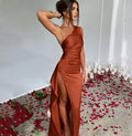Sexy One-shoulder Backless Slit Dress Summer Elegant Slim-fit Solid Color Satin Dresses For Women null