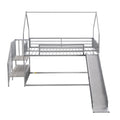 Twin over twin house bunk bed with slide and storage stairs, featuring a wooden frame, twin mattresses, and playful design.