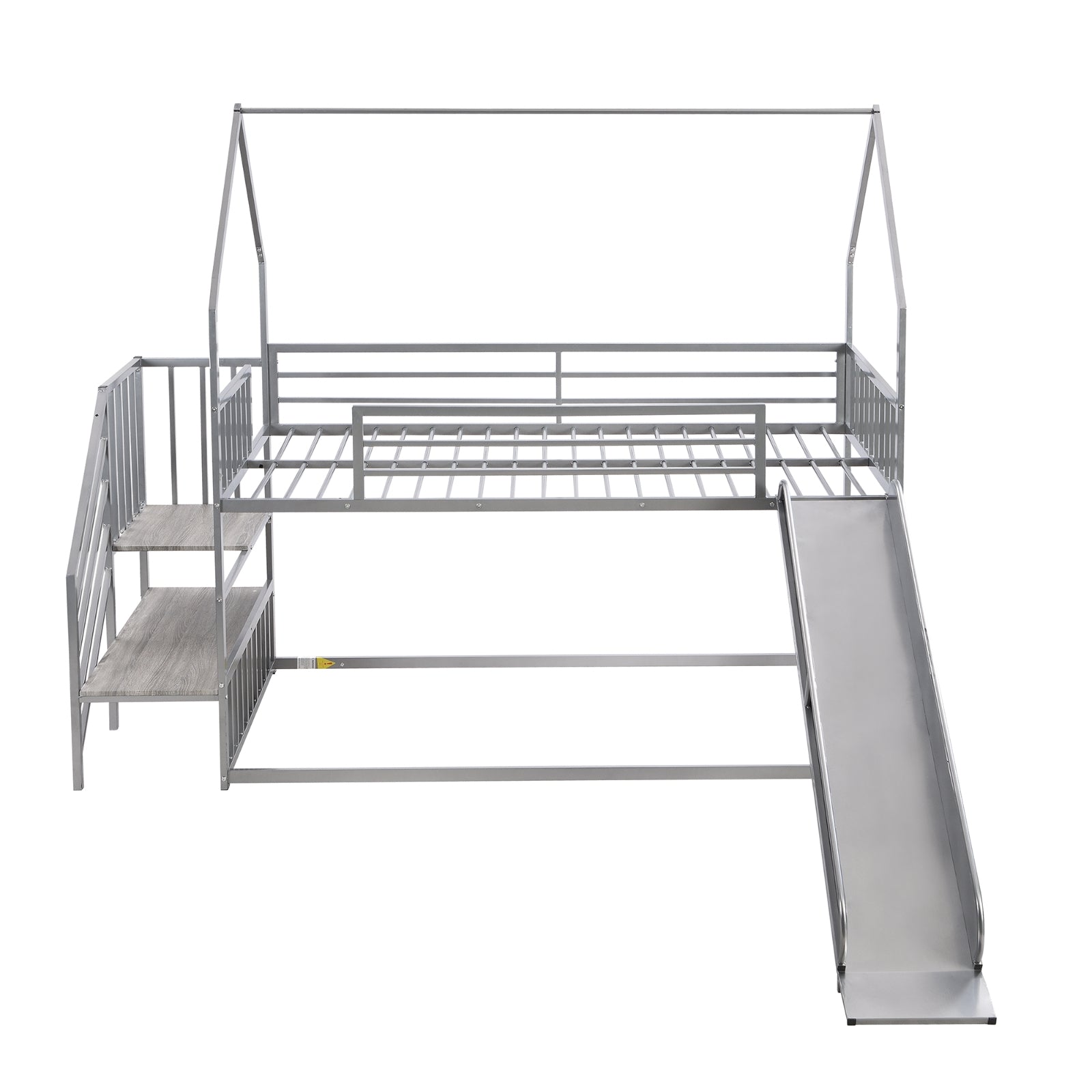 Twin over twin house bunk bed with slide and storage stairs, featuring a wooden frame, twin mattresses, and playful design.