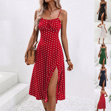 New Polka Dot Print Suspender Dress Summer Sexy Split Long Dresses For Womens Clothing null