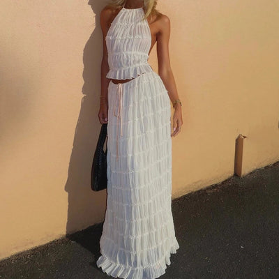 2pcs Women's Dress Suit Sexy Sleeveless Backless Cropped Halter Top And Pleated Long Skirt Beach Clothing null