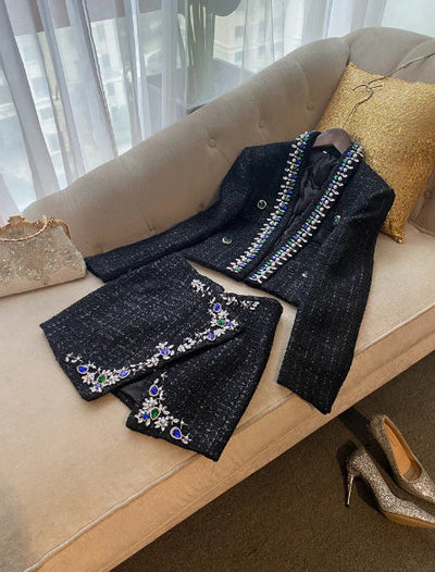Diamond Blue And Fruit Collar Short Tweed Coat Short Skirt null