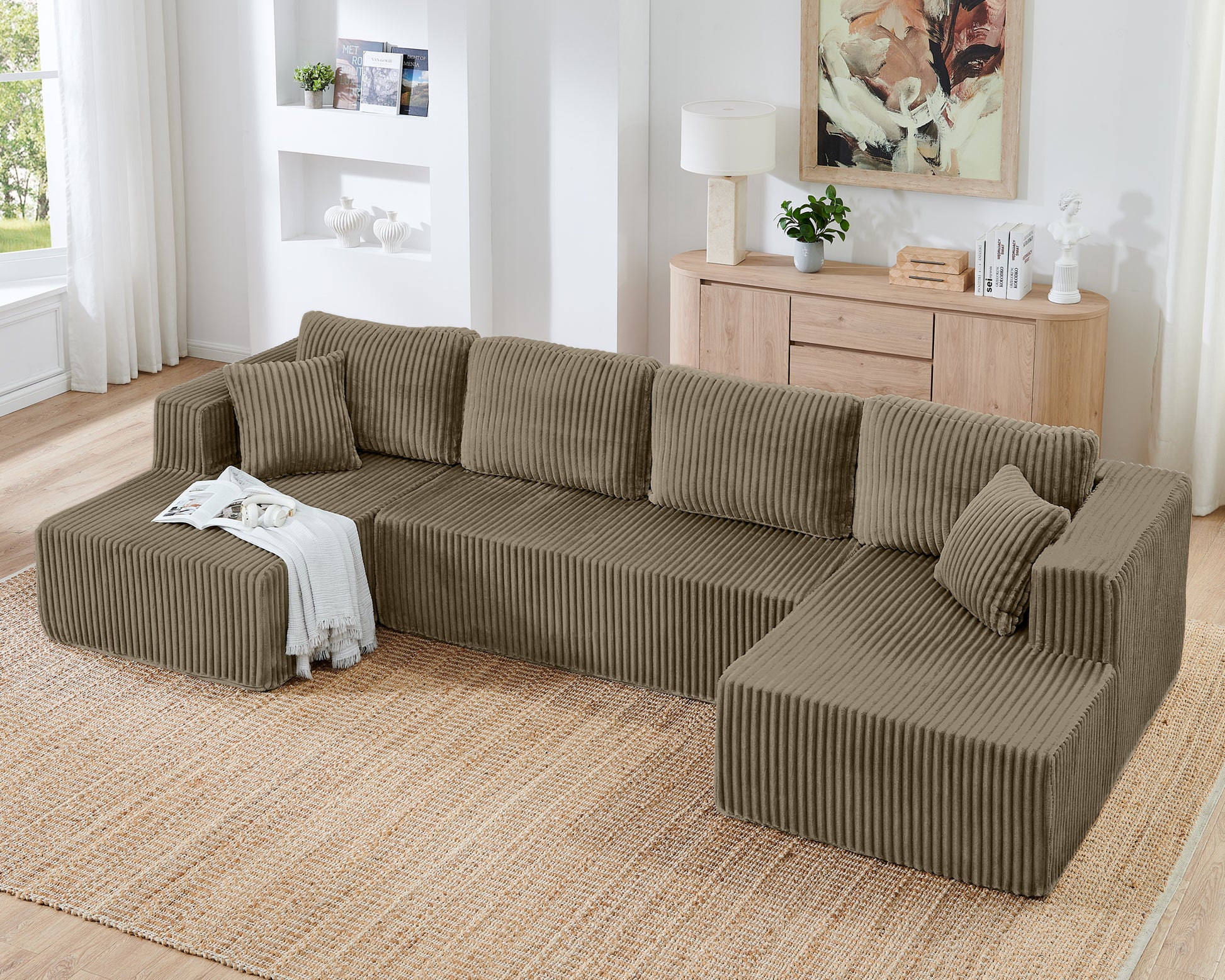 U-shaped modern modular sectional sofa with plush cushions and sleek design, ideal for contemporary living rooms.