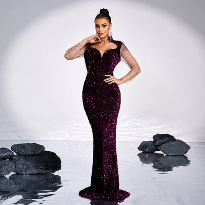 Long Sleeve Square-neck Banquet Sequined Rhinestone Fishtail Dress null