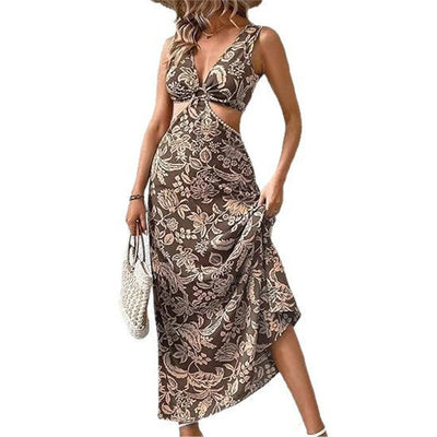 Women's Handmade Printed Waist-controlled Strap Vest Long Dress null