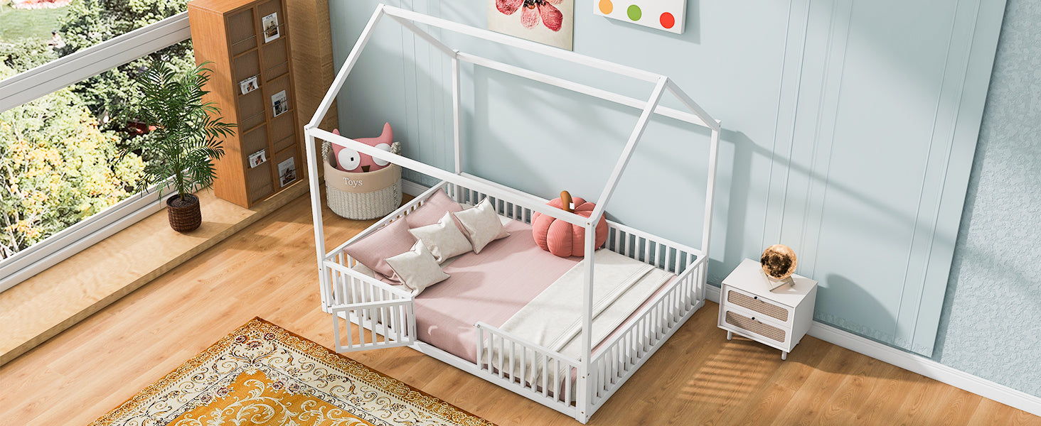 Modern twin wood house bed frame with a cozy house-shaped headboard and sturdy wooden construction.