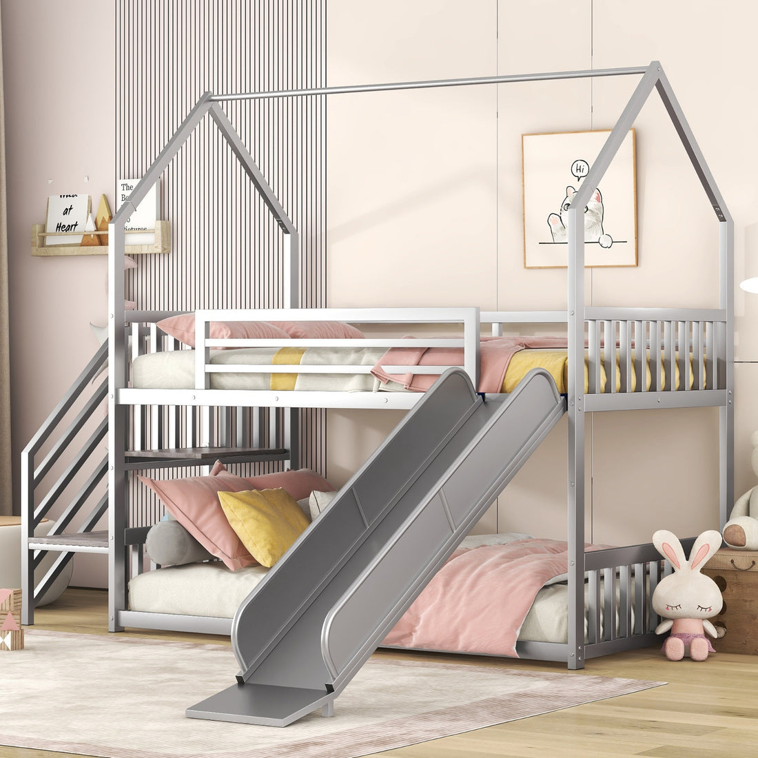 Twin over Twin house bunk bed with slide and storage stairs, featuring a cozy sleeping area and built-in storage options.