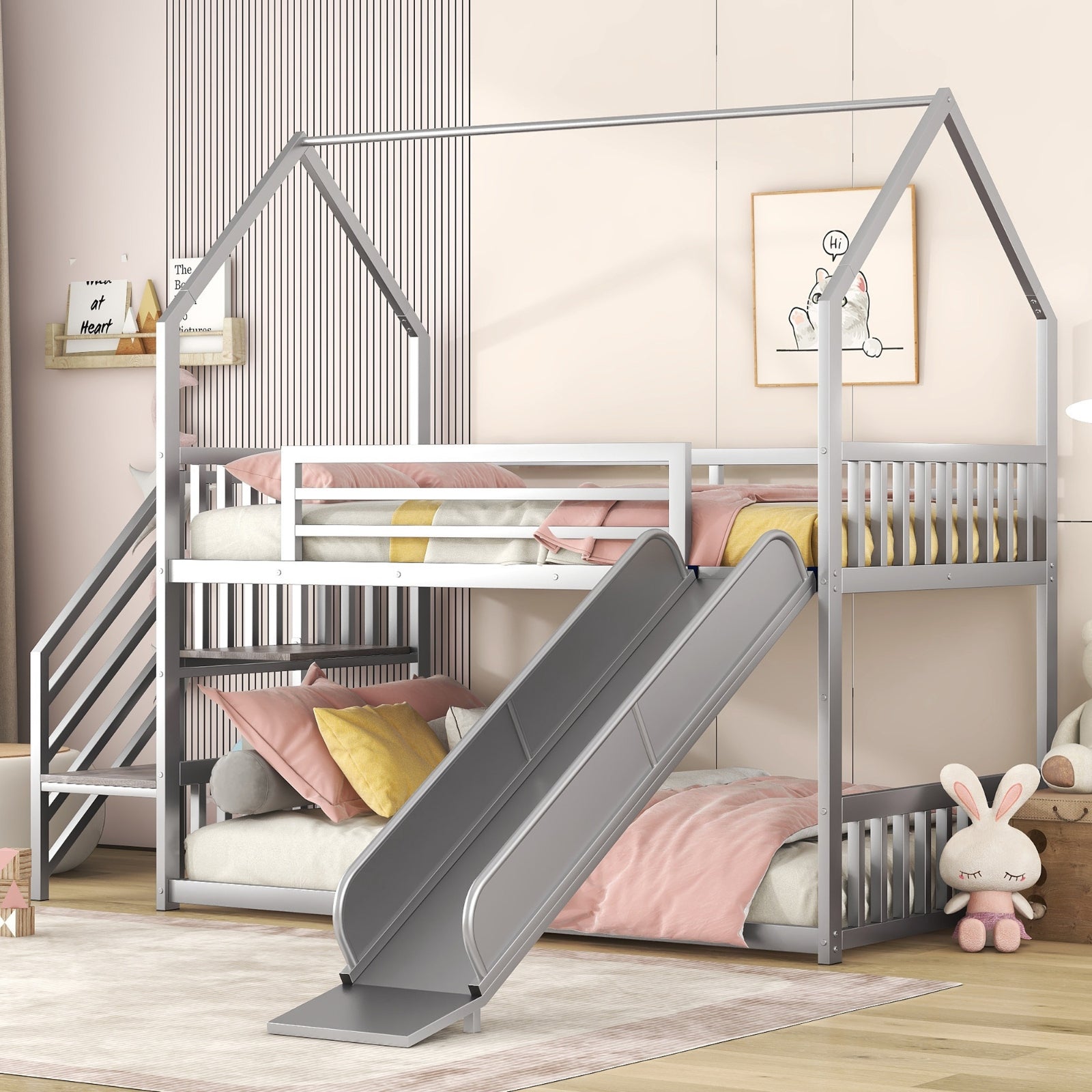 Twin over Twin house bunk bed with slide and storage stairs, featuring a cozy sleeping area and built-in storage options.