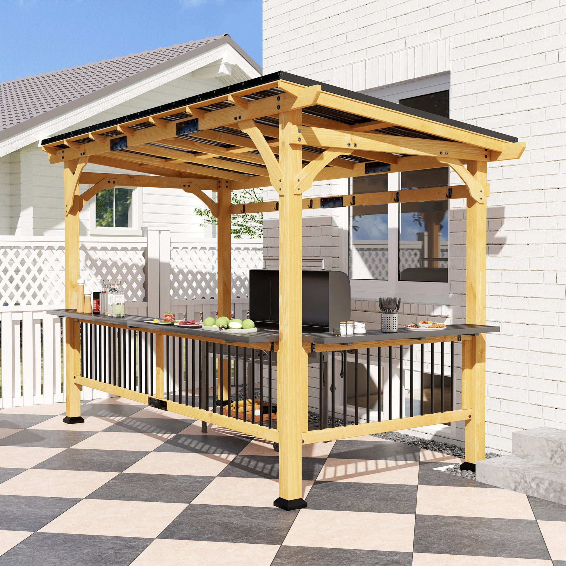 13' x 6' Wooden BBQ Grill Gazebo, Outdoor Hardtop Grill Gazebo with Metal Roof, 2 Bar Shelves and 6 Hooks, Natural - Morderncharm store