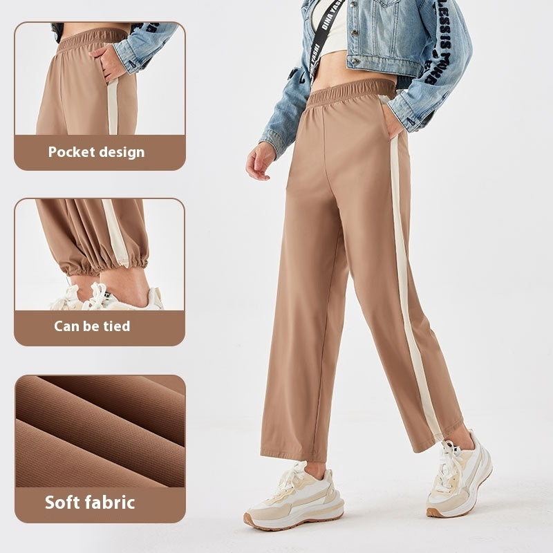 High waist slimming casual pants in light beige for spring and summer fashion.