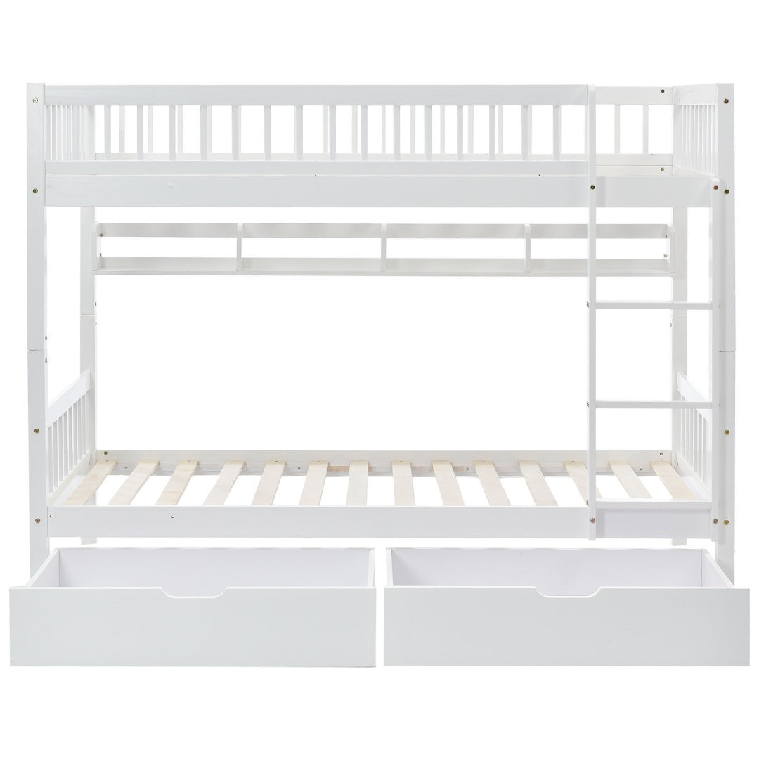 Bunk Bed, Kids Children, 3FT Solid Pine Wood Single Bed Frame & Under Bed Slide Drawer Storage, With Shelf, White 90x190cm - Morderncharm store