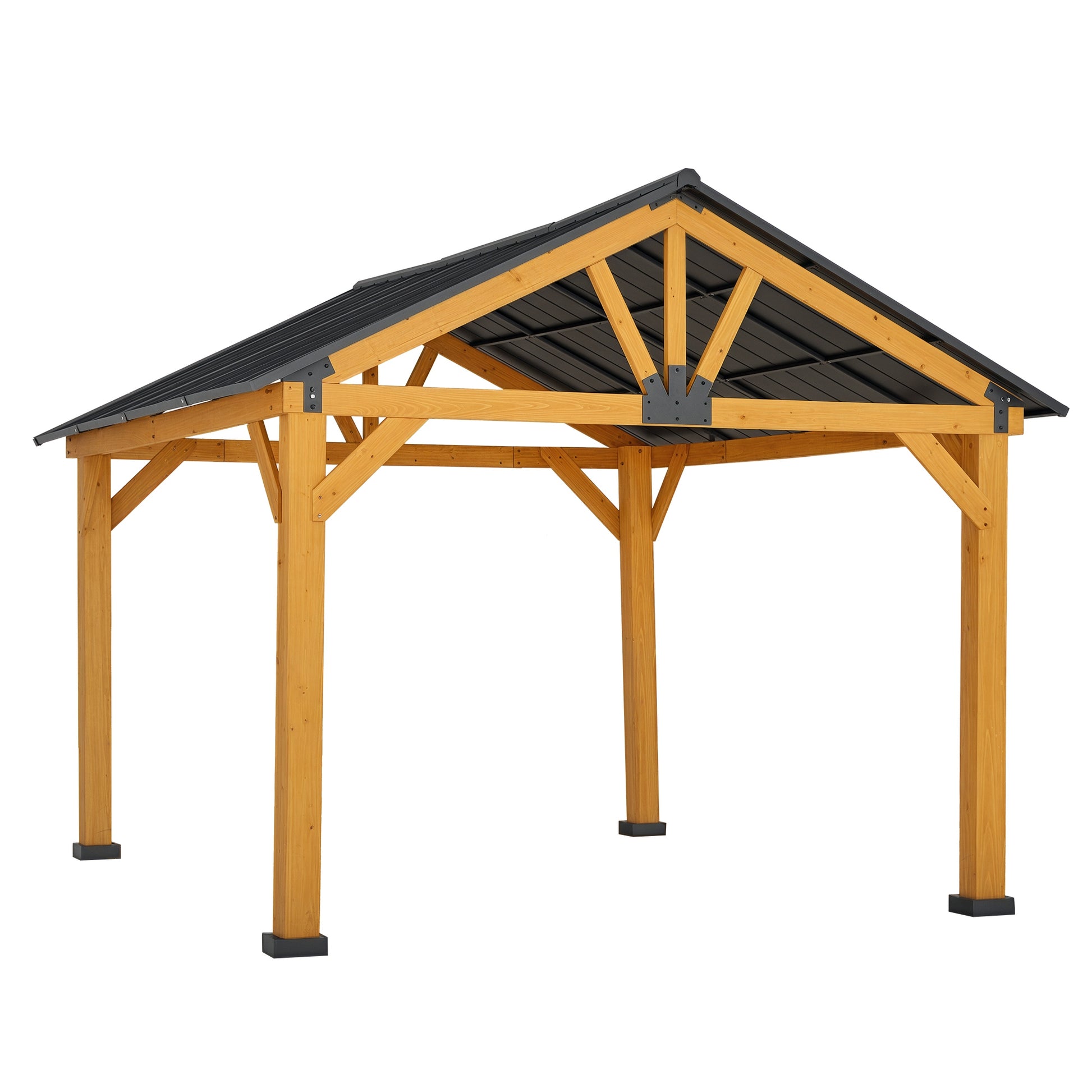  11' x 13' Hardtop Gazebo with Galvanized Steel Roof, Wooden Frame, Permanent Pavilion Outdoor Gazebo with Ceiling Hook for Garden, Patio, Backyard, Lawn - Morderncharm store