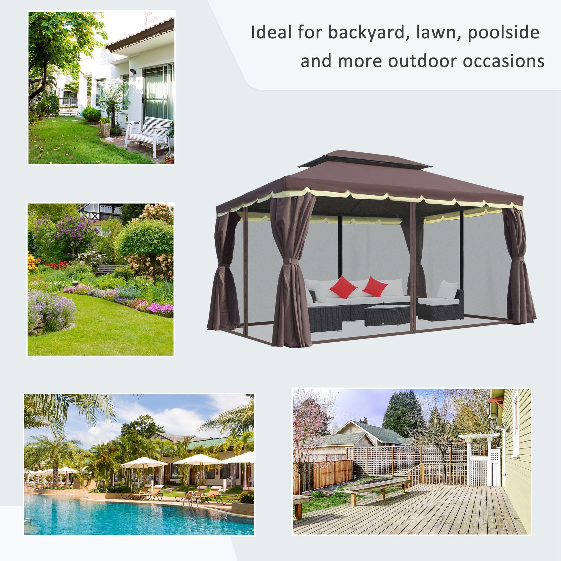 10x13 aluminum gazebo patio canopy with double roof, outdoor shelter, netting, and curtains for outdoor relaxation.