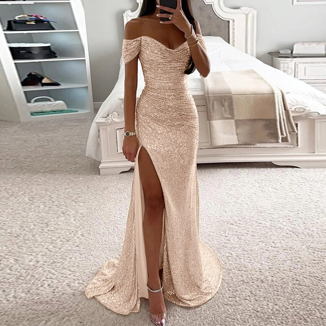 Female Creative Solid Color Sparkling Slit Dress null