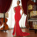 Wine Red Annual Meeting Dress Sleeveless One-shoulder Solid Color Small Tail null