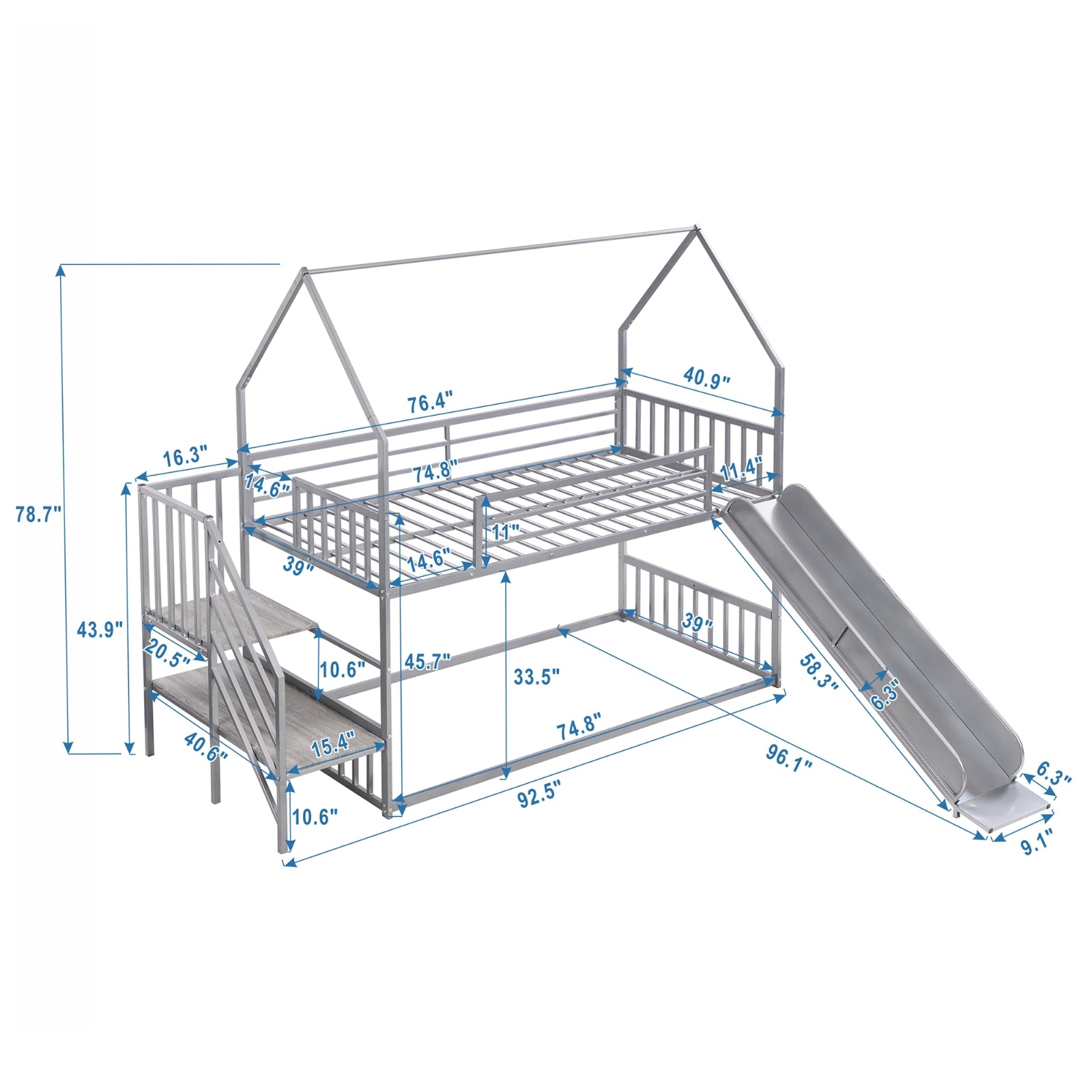 Twin over twin house bunk bed with slide and storage stairs, featuring a cozy wooden frame and playful design for kids' bedroom.