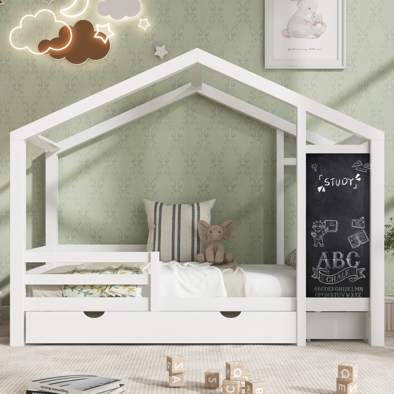 Twin house bed with built-in chalkboard for kids, featuring cozy design and playful, functional furniture for a child's bedroom.