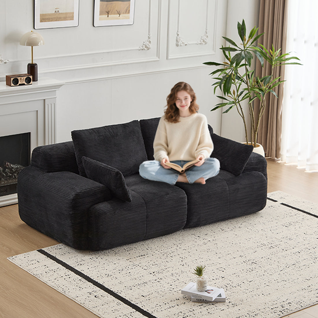 Modern Black Corduroy Loveseat