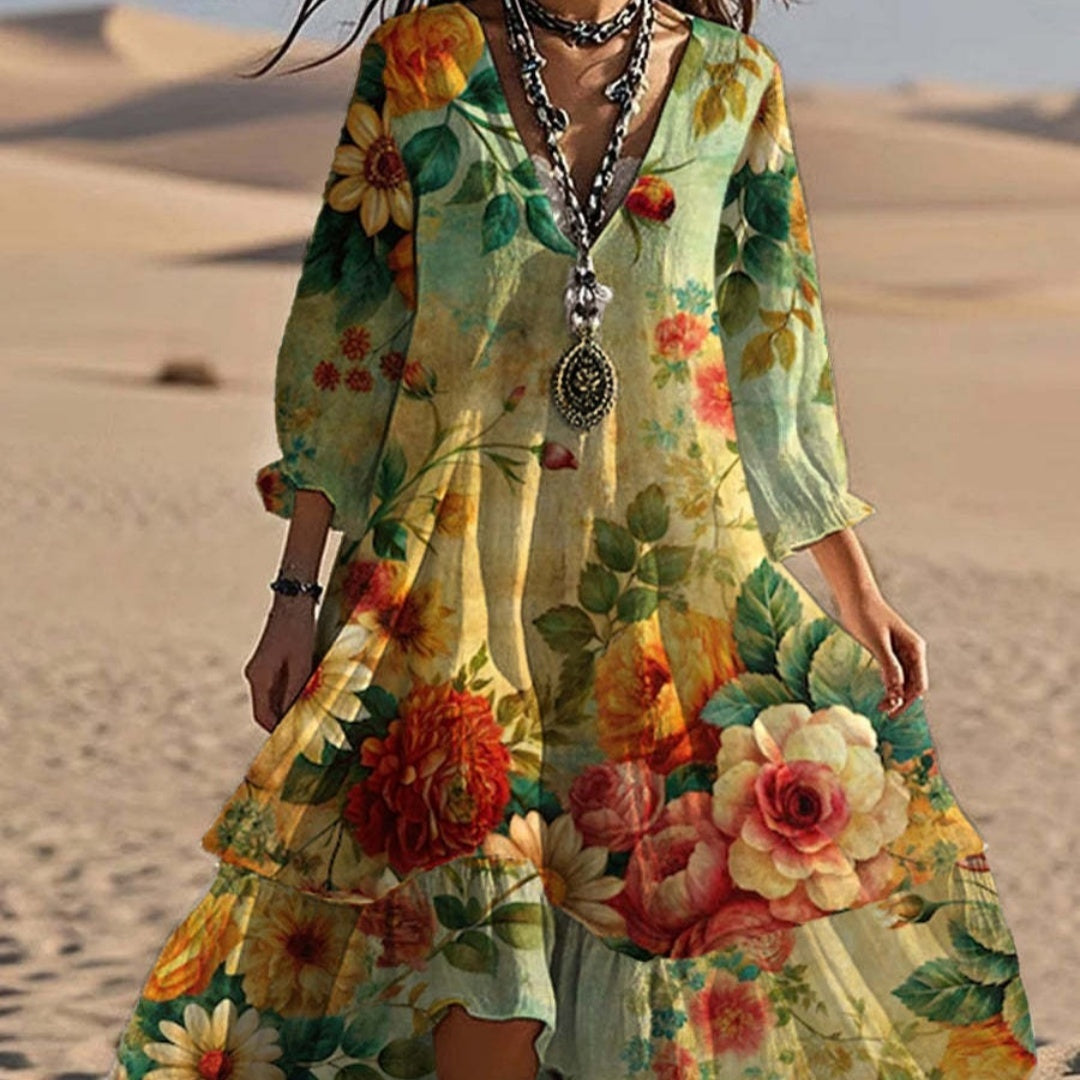 Fashion Flower Printed V-neck Mid-length Dress null