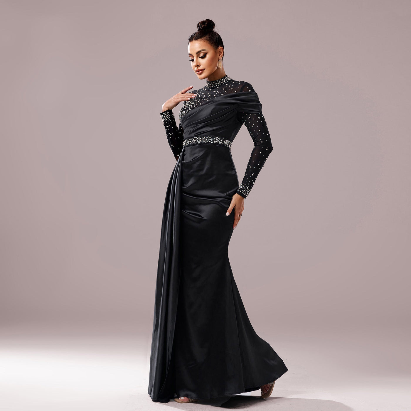 Long Sleeve Slim-fit Sheath Pearl Banquet Fishtail Evening Dress null