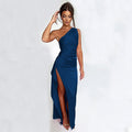 Sexy One-shoulder Backless Slit Dress Summer Elegant Slim-fit Solid Color Satin Dresses For Women null