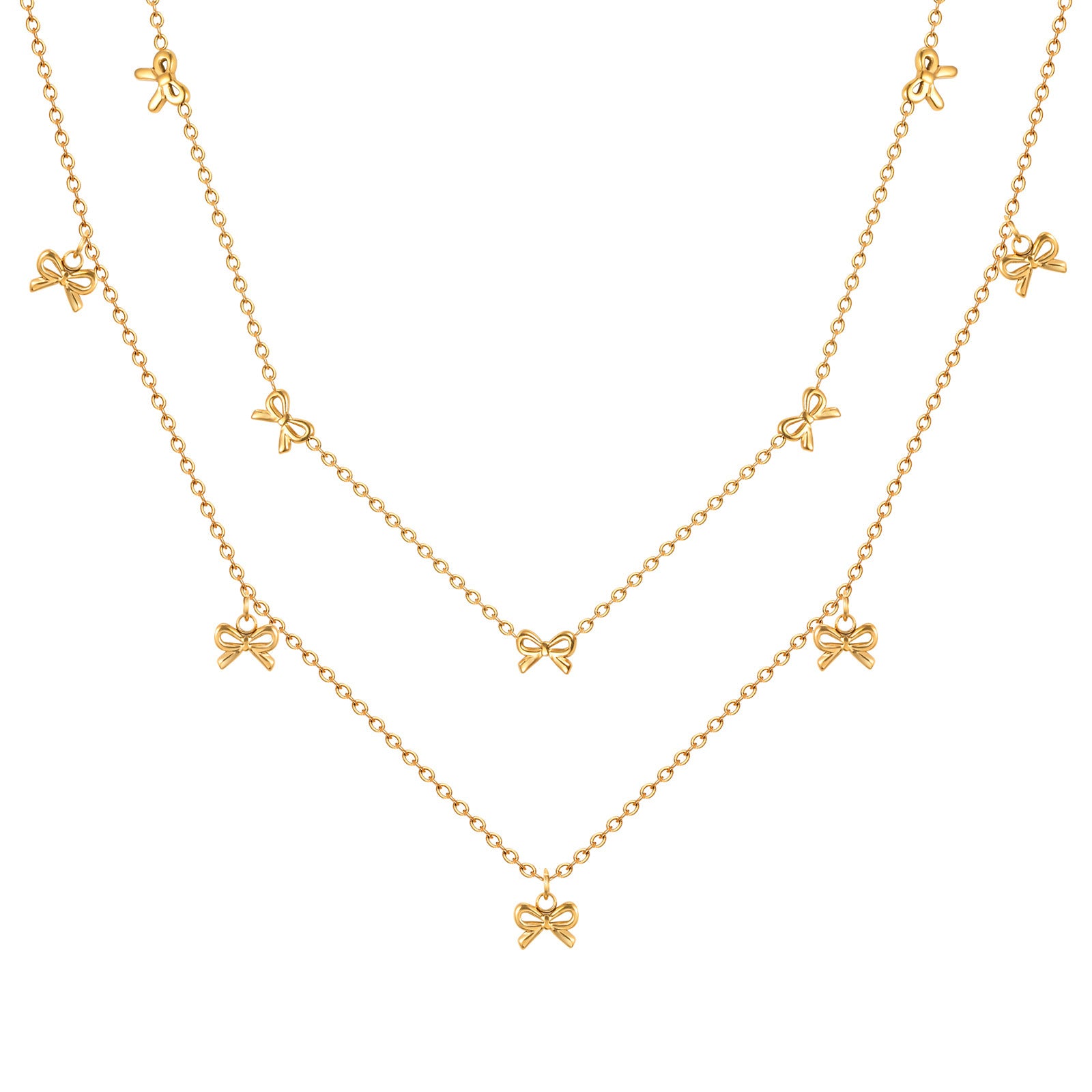 European and American style stainless steel necklace with flat cross chain and bow pendant, displayed on a neutral background.
