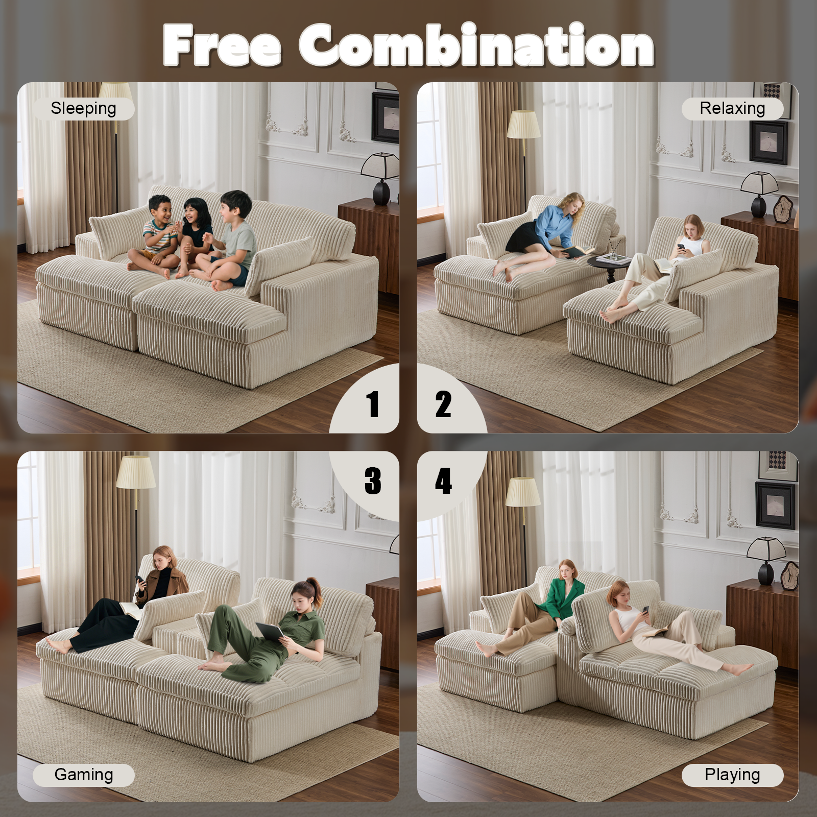 Double Chaise Lounge Chair Indoor,Oversized Upholstered Sleeper Cloud Couch,Deep Seat Luxury Sofa Bed,Sectional Sofa Chaise Love-seat,Corduroy Reading Chair For Living Room,No Assembly Required,White - Morderncharm store