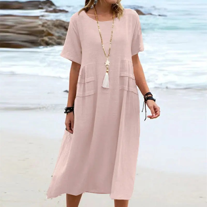Women's Summer Loose Casual Midi Dress Breathable Cotton Linen Short-sleeve Mid-length Dresses Women Simple Beach Dress null