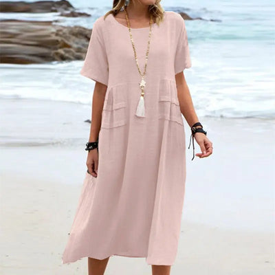 Women's Summer Loose Casual Midi Dress Breathable Cotton Linen Short-sleeve Mid-length Dresses Women Simple Beach Dress null