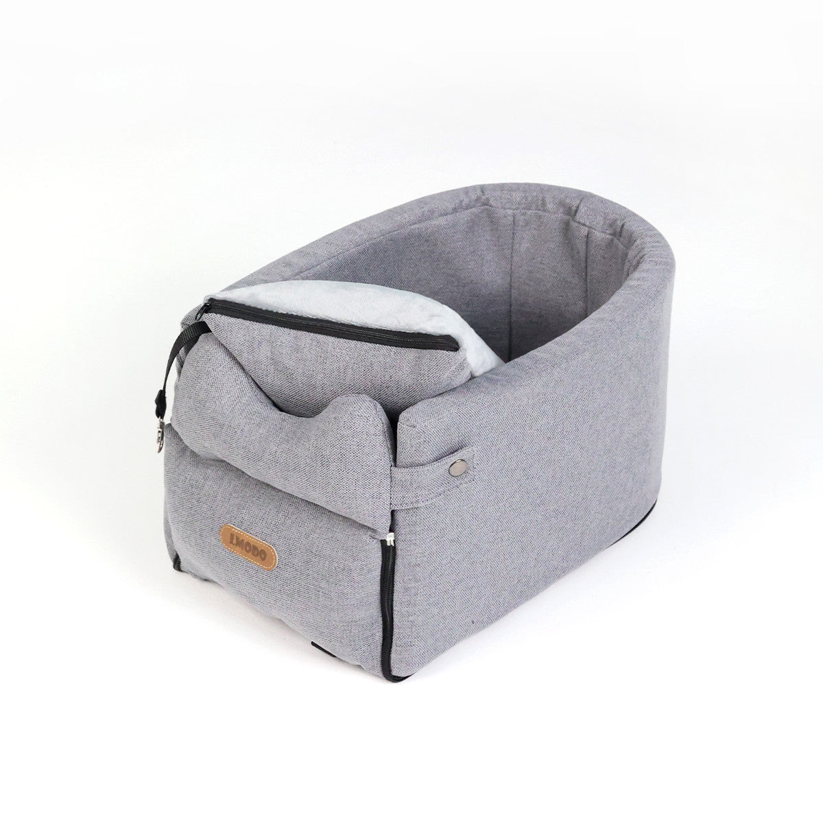 Luxury central console dog car seat with padded interior and safety straps for secure and comfortable travel.