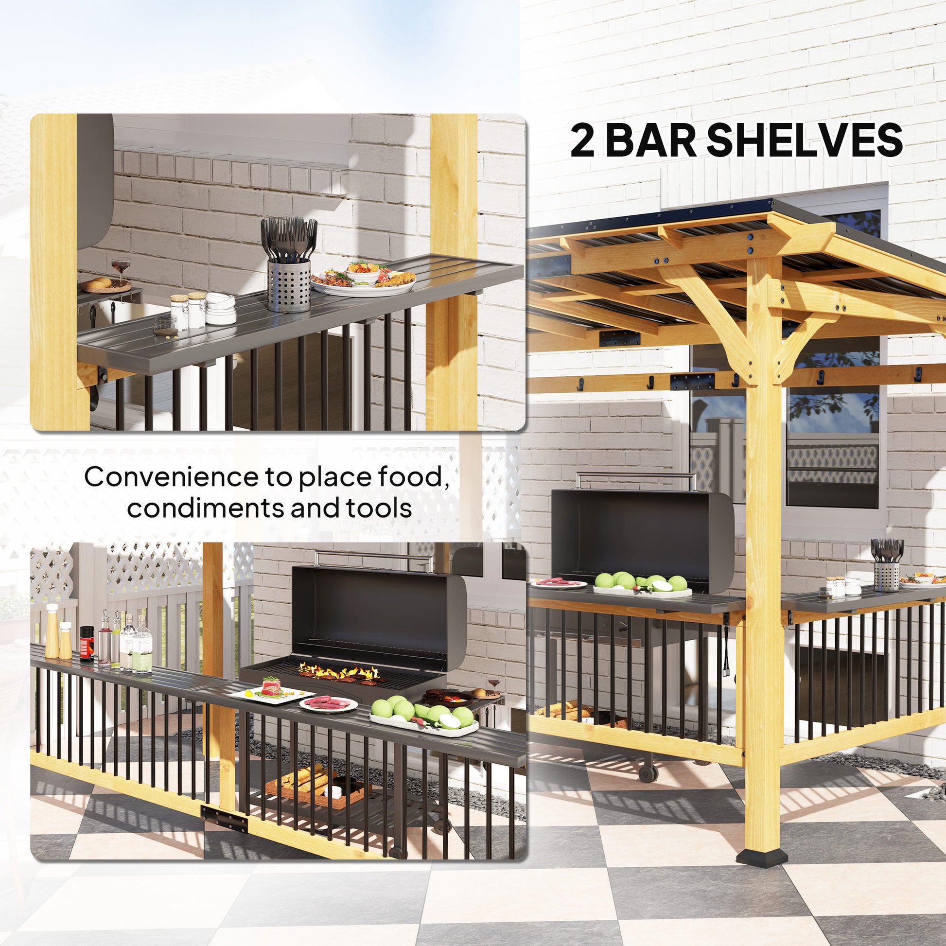 13' x 6' Wooden BBQ Grill Gazebo, Outdoor Hardtop Grill Gazebo with Metal Roof, 2 Bar Shelves and 6 Hooks, Natural - Morderncharm store
