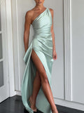 Sexy One-shoulder Backless Slit Dress Summer Elegant Slim-fit Solid Color Satin Dresses For Women null