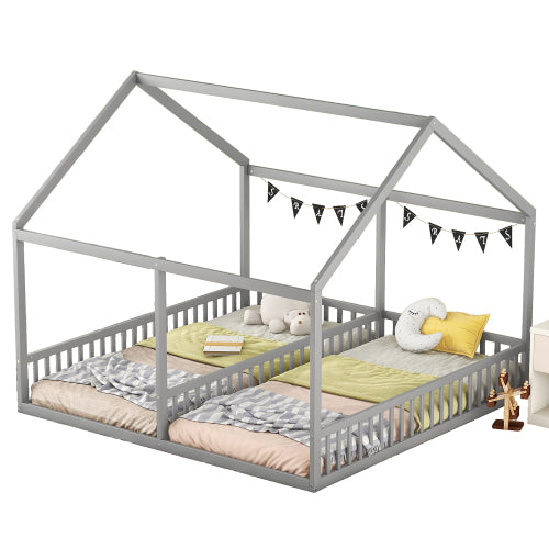 Twin Size Double Montessori House Bed with Shared Guardrails - Morderncharm store