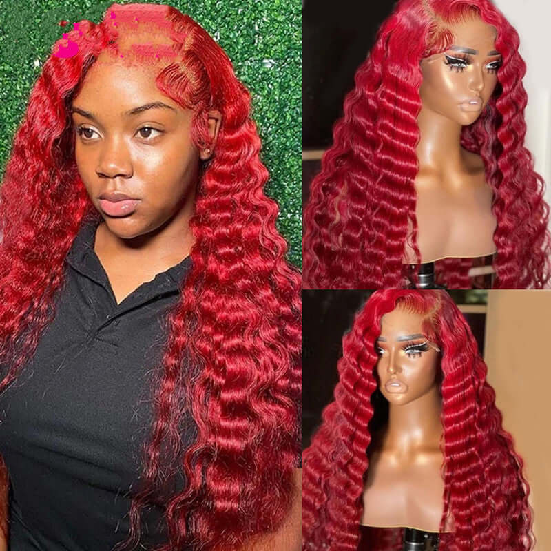 Red Deep Wave Human Hair Wig Real Headgear null