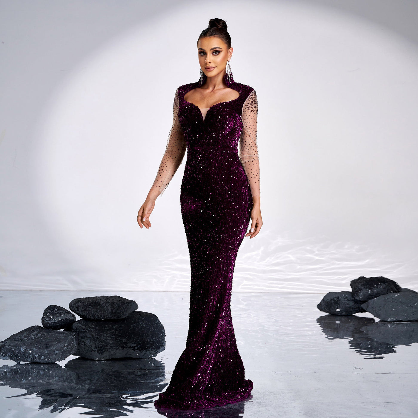 Long Sleeve Square-neck Banquet Sequined Rhinestone Fishtail Dress null