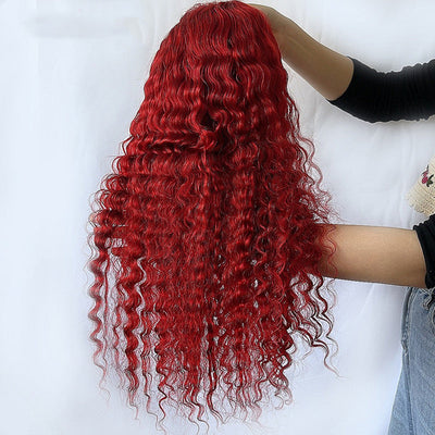 Red Deep Wave Human Hair Wig Real Headgear null
