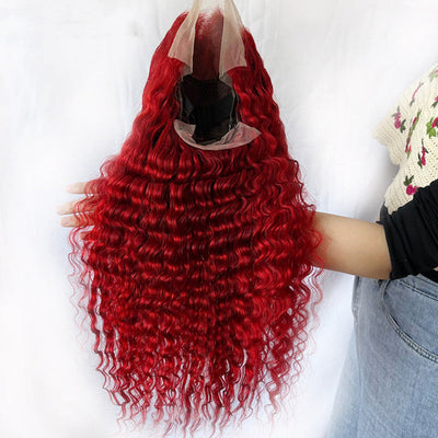 Red Deep Wave Human Hair Wig Real Headgear null