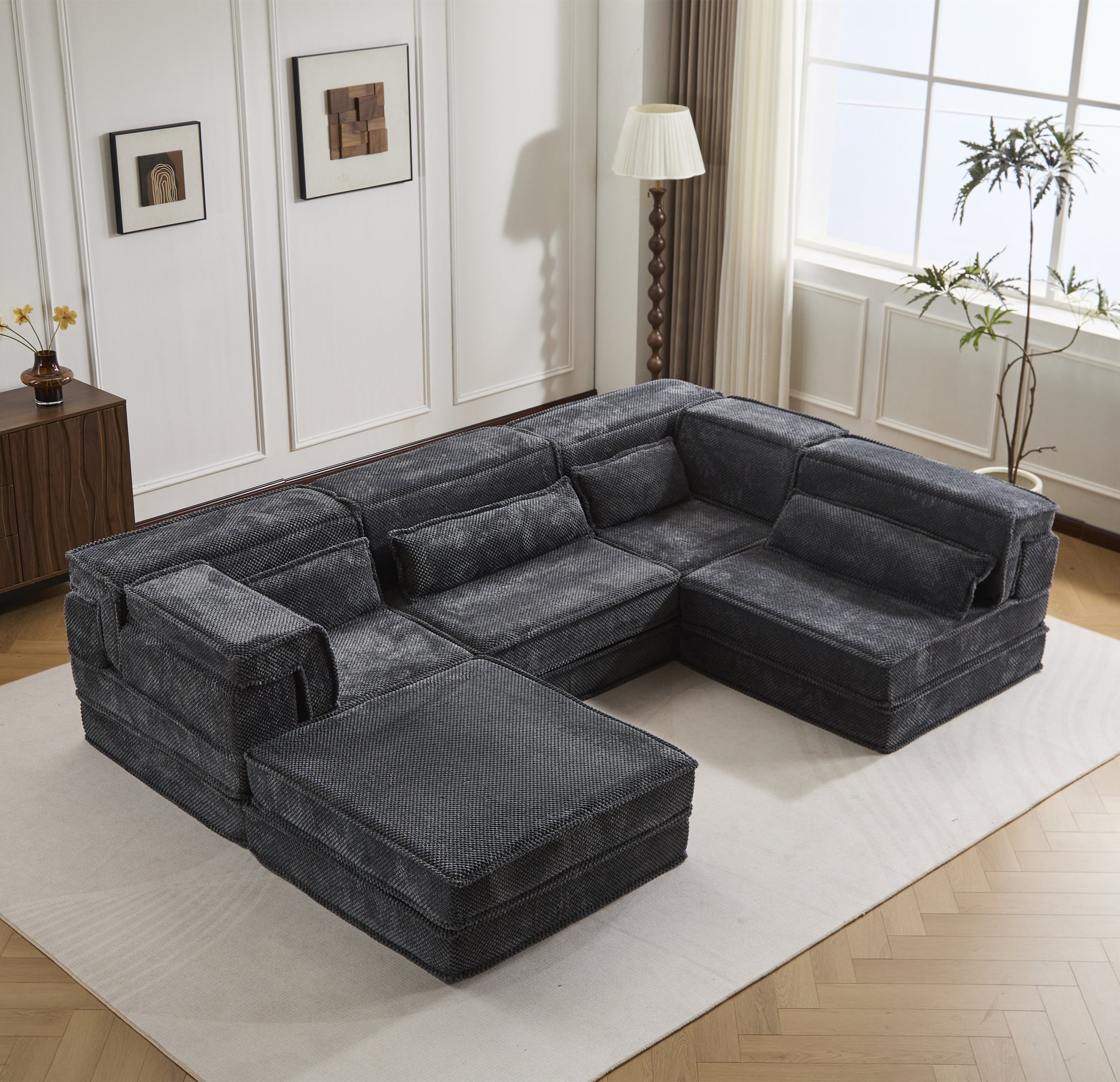 Compression Mahjong Sofa,Convertible Floor Sofa Bed,DIY Boneless Modular Sectional Sofa,No Assembly Required,Circle Fleece Fabric,Oversized 4 Seater With 1 Ottoman,Dark-grey - Morderncharm store