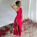 Sexy One-shoulder Backless Slit Dress Summer Elegant Slim-fit Solid Color Satin Dresses For Women null