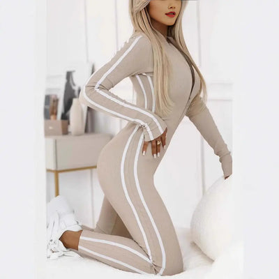 New Autumn And Winter Women's Slim Striped Half Zipper Jumpsuit