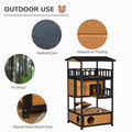 Multi-level outdoor cat house and play tower with platforms and ramps, designed for outdoor feline entertainment and shelter.