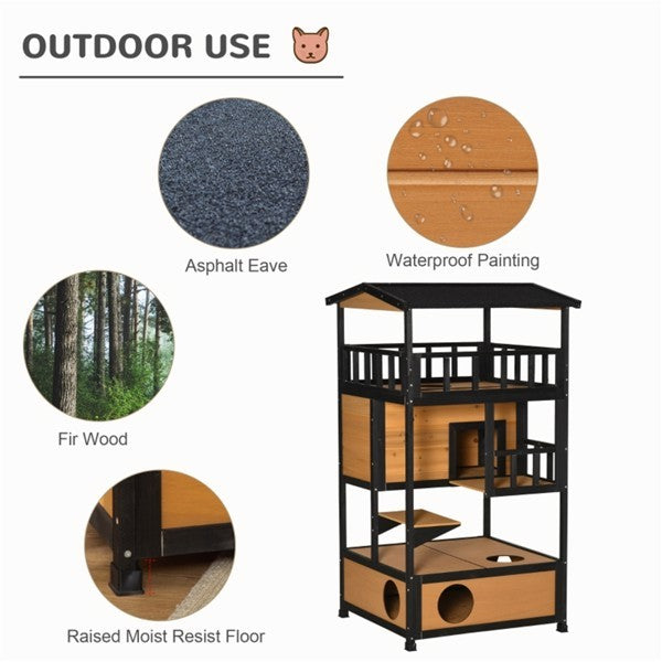 Multi-level outdoor cat house and play tower with platforms and ramps, designed for outdoor feline entertainment and shelter.
