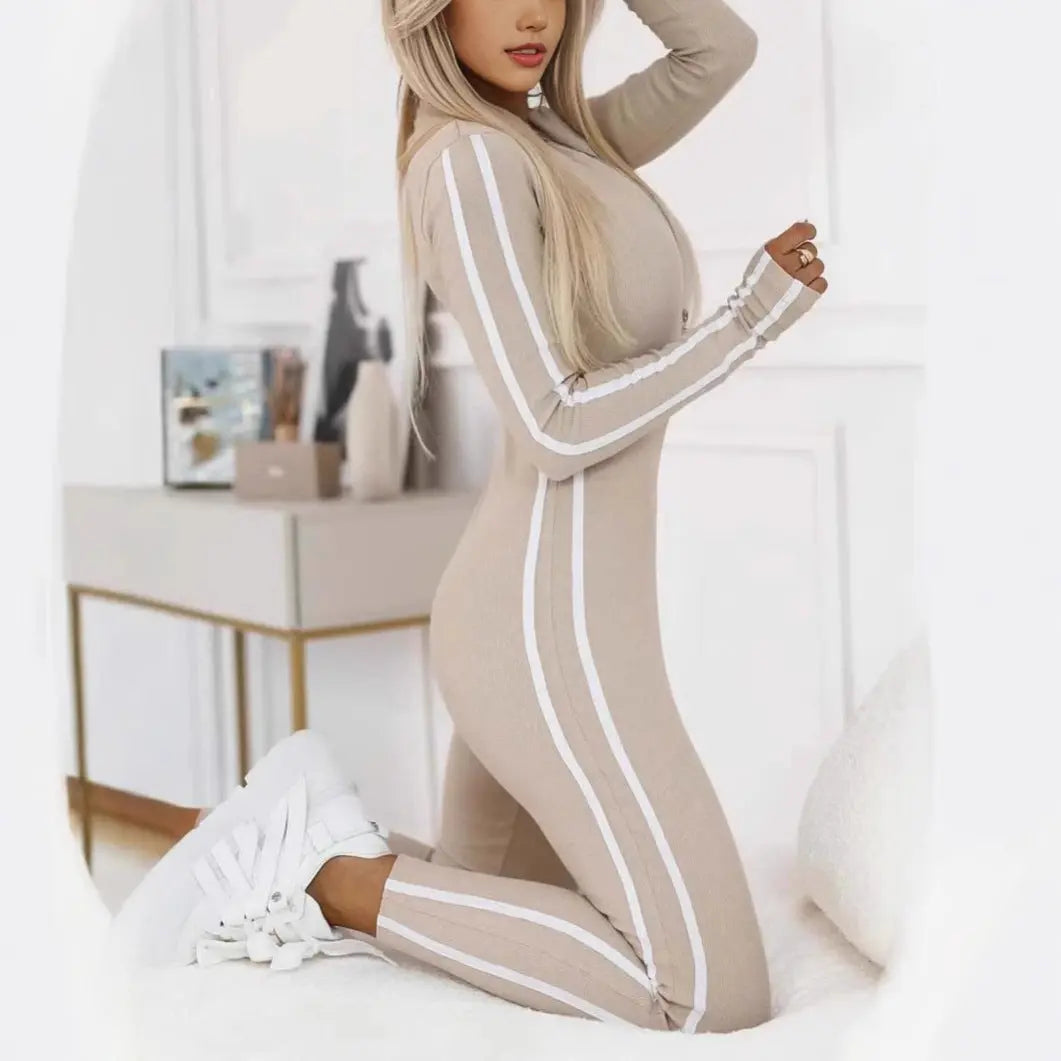 New Autumn And Winter Women's Slim Striped Half Zipper Jumpsuit