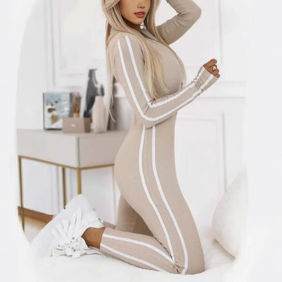 New Autumn And Winter Women's Slim Striped Half Zipper Jumpsuit