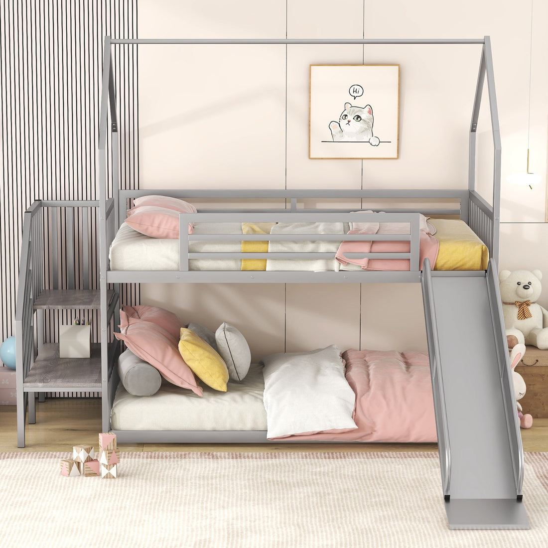 Twin over Twin house bunk bed with slide and storage stairs, featuring a cozy sleeping area and built-in storage options.