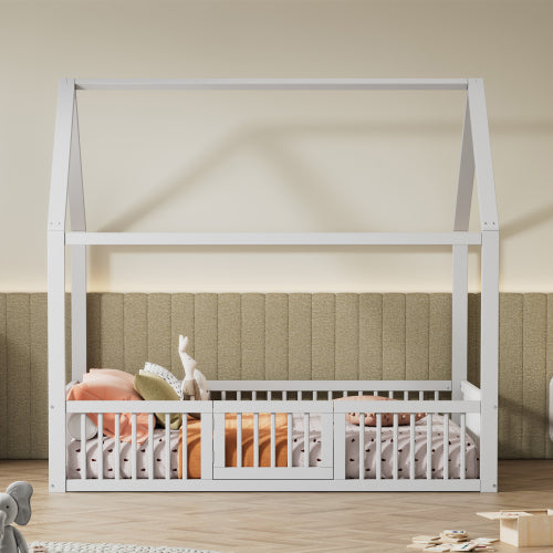 Montessori Floor House Bed with Safety Gate & Guardrails - Morderncharm store
