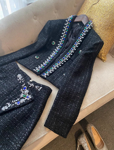 Diamond Blue And Fruit Collar Short Tweed Coat Short Skirt null