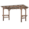 Wooden 13x6.5-foot pergola with metal roof, built-in bar counters, string bulbs, and outdoor grill area in a backyard setting