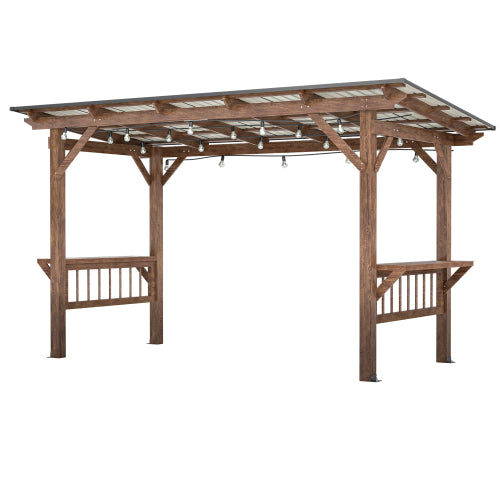 Wooden 13x6.5-foot pergola with metal roof, built-in bar counters, string bulbs, and outdoor grill area in a backyard setting