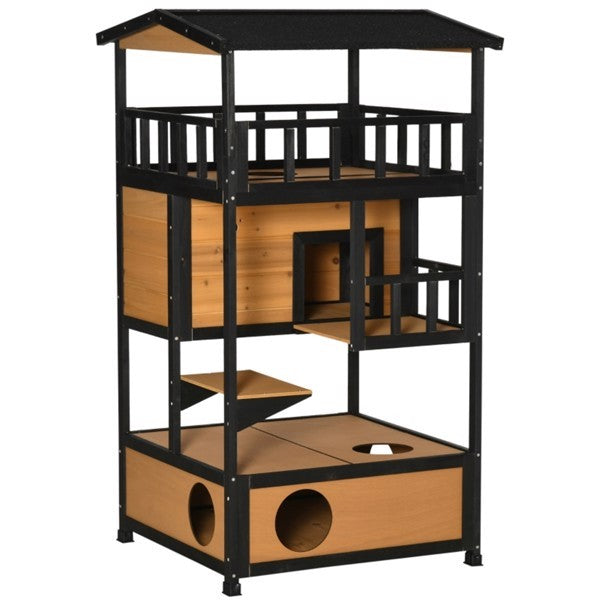 Multi-level outdoor cat house and play tower with cozy hideouts, ramps, and perches for feline fun and relaxation.